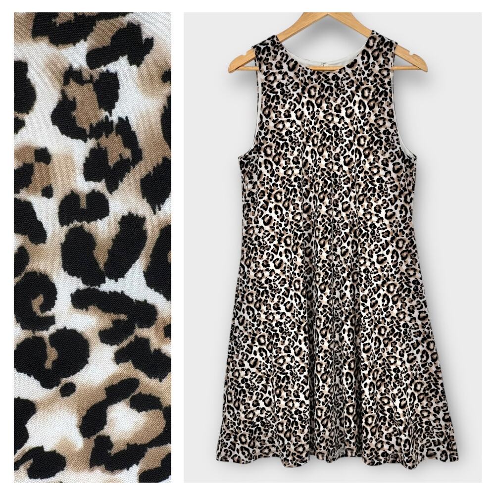 Anne Klein Womens Leopard Print Sleeveless Swing Dress Sz 14 A-Line Knee Length